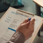 Tangan memegang dokumen invoice di atas papan klip di meja kerja